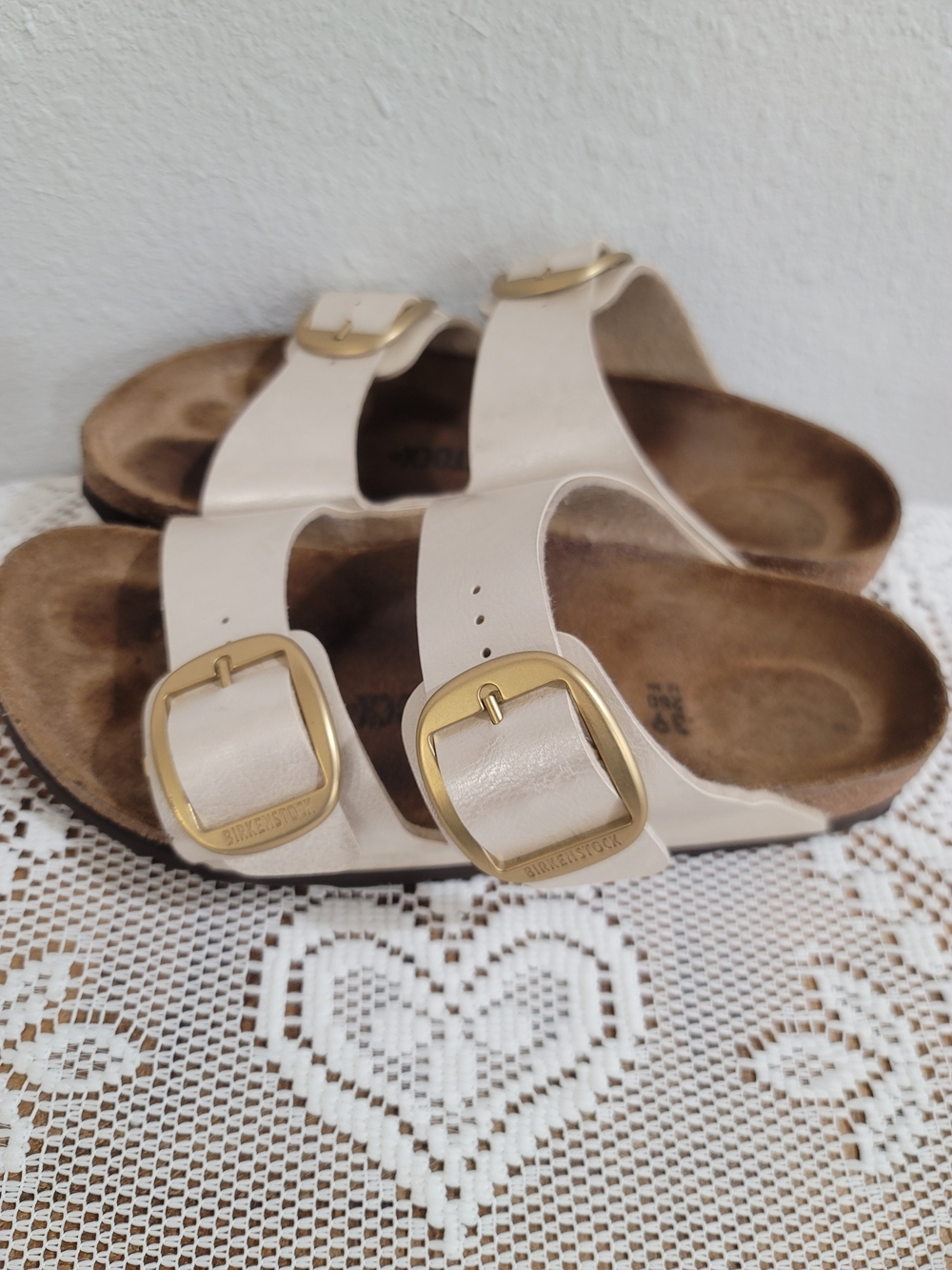 Birkenstock  Leather Slide Sandals with Gold Buckles